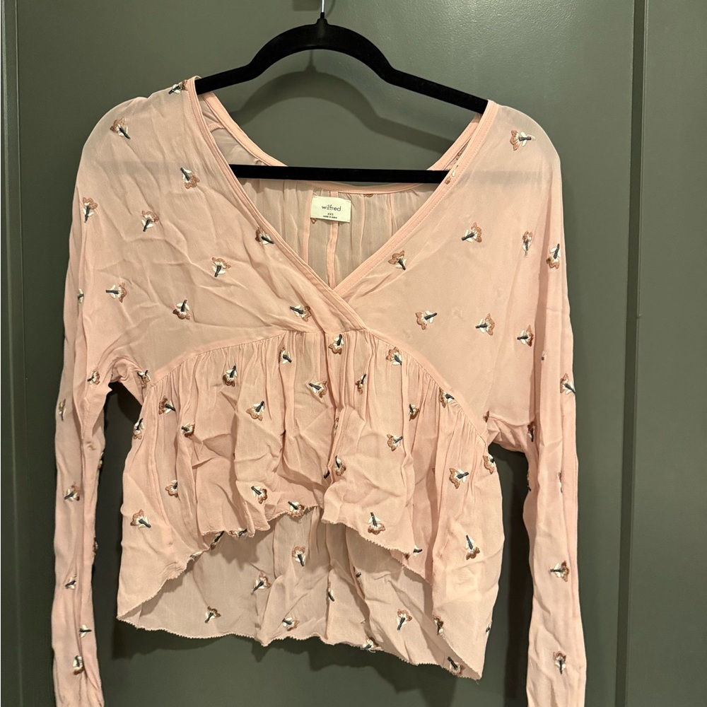 Wilfred Blush Pink Embroidered V-Neck Ruffle Long Sleeve Top